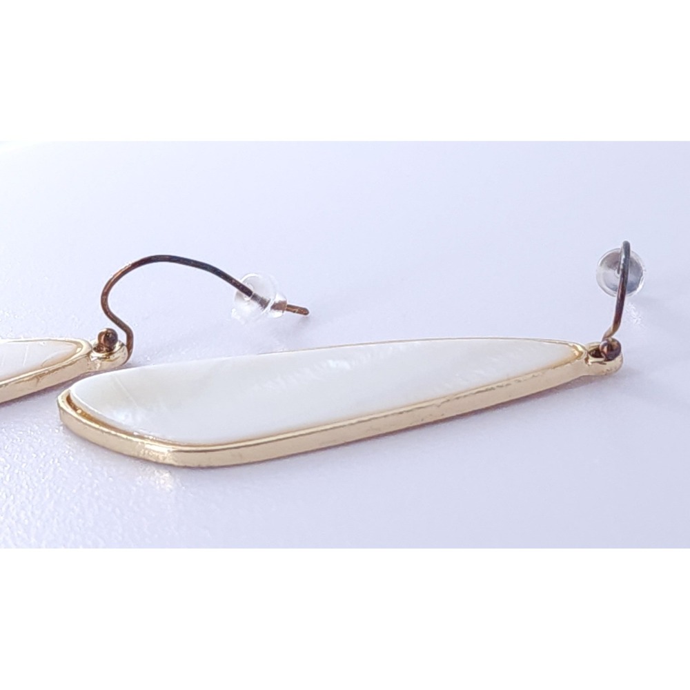 Mother of Pearl Inlay Drop Earrings White Gold Wing Minimal Boho Coastal‎ Luxury - Picture 9 of 11